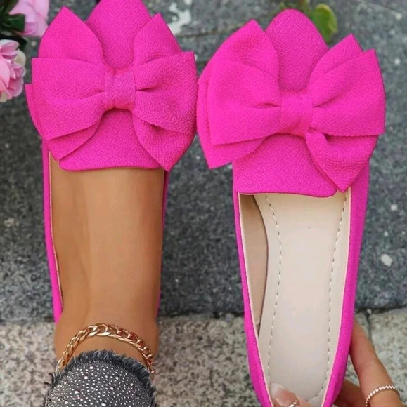 Plus Size Fashionable Sweet Butterfly Knot Pink Flat Shoes, Pointed Toe - Picture 1 of 6